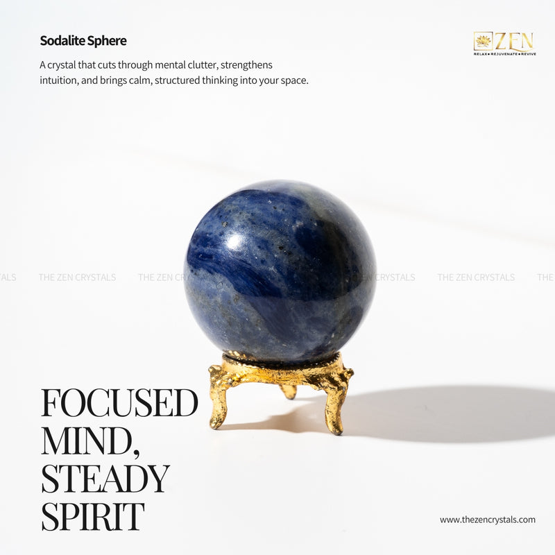 Sodalite sphere crystal on a stand with promotional text and branding.