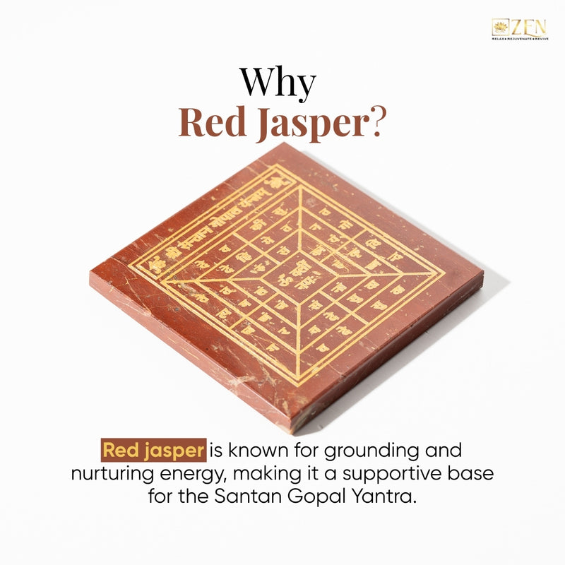 Shree Santan Gopal (श्री संतान गोपाल यंत्र) Red Jasper Plate on a white background, featuring text about its properties.