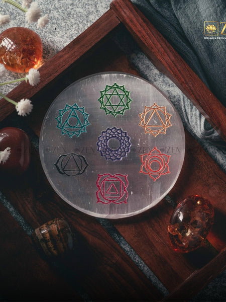 Selenite Plate with 7 Chakra Symbol | The Zen Crystals