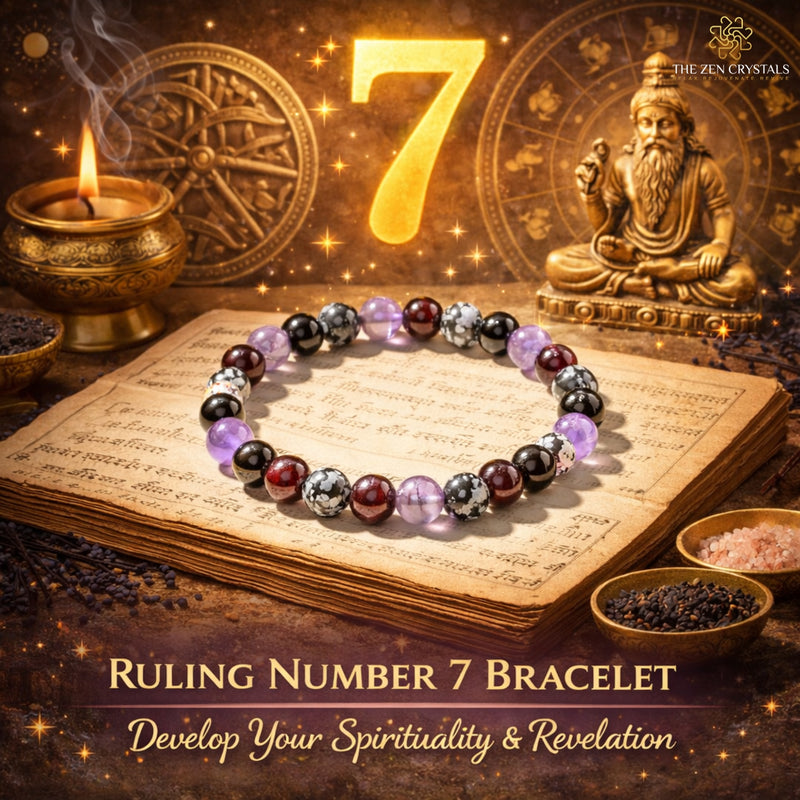 Ruling Number 7 bracelet on an old book with a candle and statue in the background, featuring text about spirituality and revelation.
