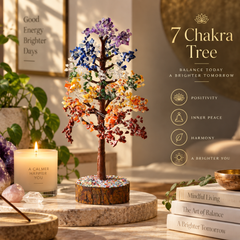 A decorative 7 Chakra Tree crystal sculpture stands on a round wooden base on a marble pedestal in a styled interior setting. The tree has multicolored chakra stones in blue, white, yellow, orange, red, and purple tones.