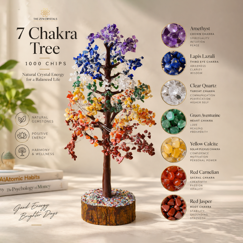 A 7 Chakra Tree crystal chakra figurine made of 1000 natural gemstones, displayed on a wooden base with a list of the 7 chakras and their corresponding gemstones on the right, set against a warm beige background with decorative books.