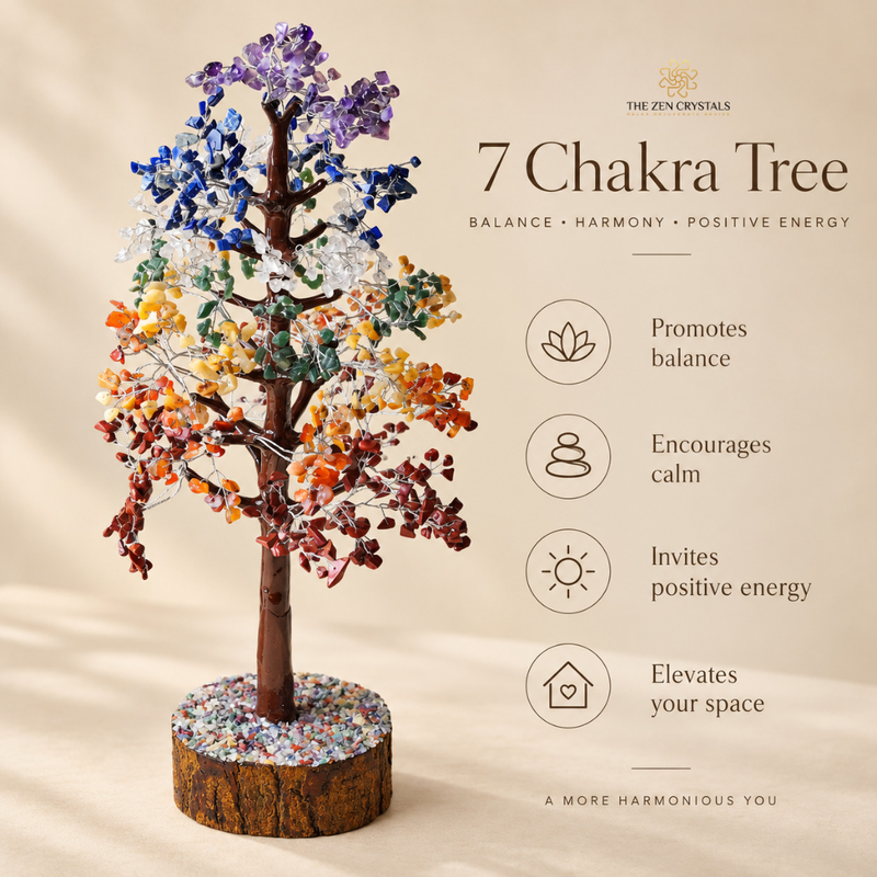 A 7 Chakra Tree decorative sculpture by The Zen Crystals, featuring multicolored crystal leaves on a brown wooden trunk and base, set against a warm beige background with descriptive text and icons.