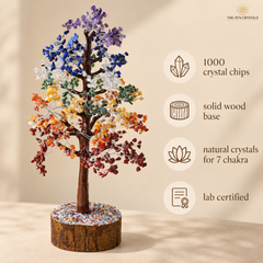 A multicolor crystal tree sculpture on a round wood base, shown against a warm beige background with feature callouts: 1000 crystal chips, solid wood base, natural crystals for 7 chakra, and lab certified. The brand name The Zen Crystals appears in the top right.