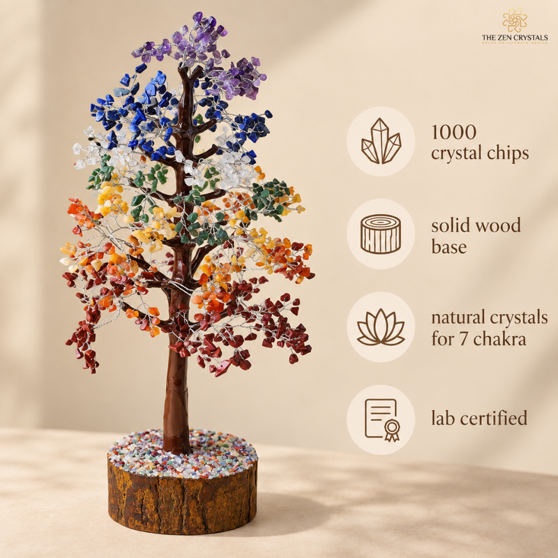 A multicolor crystal tree sculpture on a round wood base, shown against a warm beige background with feature callouts: 1000 crystal chips, solid wood base, natural crystals for 7 chakra, and lab certified. The brand name The Zen Crystals appears in the top right.