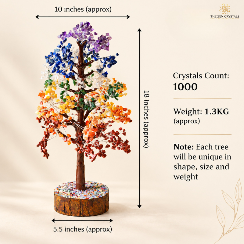 A multicolor crystal tree with a brown trunk and base, decorated with 1000 colorful gemstones, shown with dimension lines and text detailing its size (10 inches by 18 inches by 5.5 inches) and weight (1.