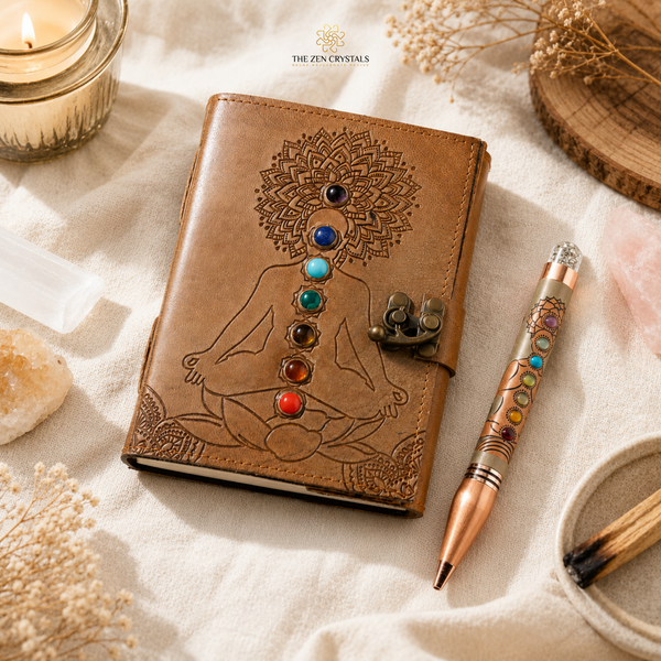 A brown leather journal with an embossed meditating figure and chakra design, shown on a draped fabric surface with a matching chakra-themed pen, crystals, dried flowers, and a candle. The brand name 'THE ZEN CRYSTALS' is visible at the top.