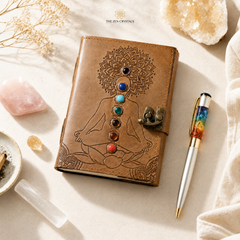 A brown leather journal with an embossed meditating figure and colorful chakra stones, styled on a light beige surface with crystals, a pen, and dried flowers. The Zen Crystals logo is visible at the top.