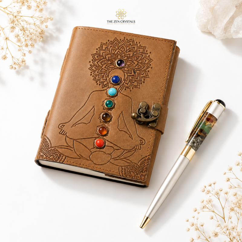 A tan leather journal with an embossed meditating figure and chakra design, shown closed with a metal clasp. A silver pen with multicolor inlay rests beside it on a white background with decorative dried flowers and a crystal.