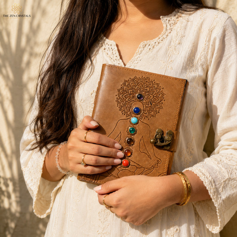 A woman in a white lace blouse holds a brown leather journal featuring an embossed tree of life and chakra design with colorful gemstone accents. The logo 'THE ZEN CRYSTALS' is visible in the top left corner.