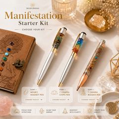 The Crystals Manifestation Starter Kit featuring three colorful resin pens (Silver, Gold, and Rose gold) with chakra and money designs, displayed alongside a brown leather journal on a warm, bohemian background with candles and crystals.