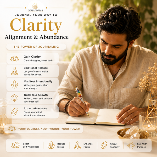 A promotional graphic for a journaling guide or digital content. On the right, a man with a beard in a beige shirt writes in an open journal with a pen.