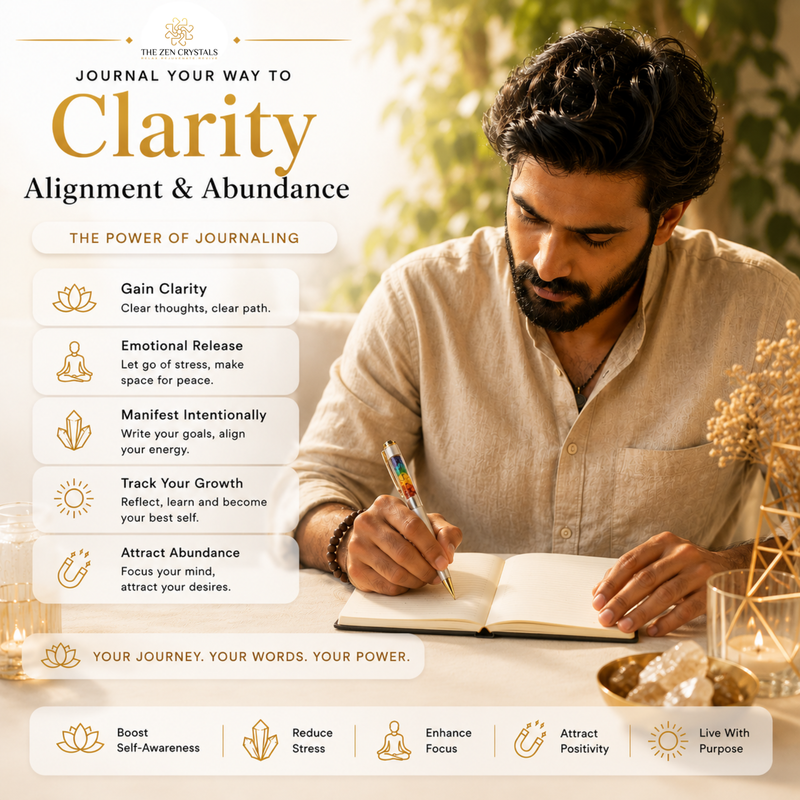 A promotional graphic for a journaling guide or digital content. On the right, a man with a beard in a beige shirt writes in an open journal with a pen.