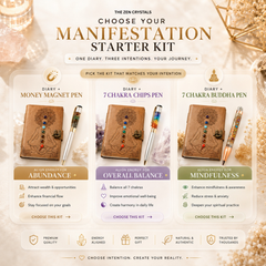 A promotional graphic for The Zen Crystals 'Choose Your Manifestation Starter Kit' showing three pen kits: Money Magnet Pen, 7 Chakra Chips Pen, and 7 Chakra Buddha Pen, each with a brown leather journal cover and a colorful pen, set against a warm beige background with gold foil textures.