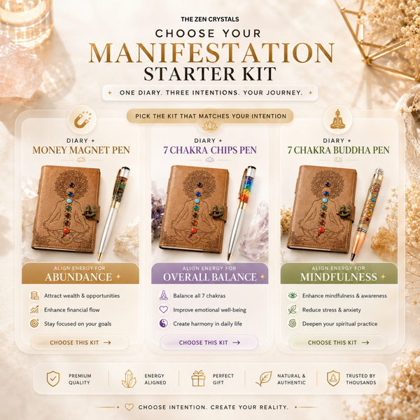 A promotional graphic for The Zen Crystals 'Choose Your Manifestation Starter Kit' showing three pen kits: Money Magnet Pen, 7 Chakra Chips Pen, and 7 Chakra Buddha Pen, each with a brown leather journal cover and a colorful pen, set against a warm beige background with gold foil textures.