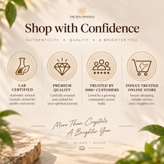 Promotional graphic for The Zen Crystals featuring four key trust badges: Lab Certified, Premium Quality, Trusted by 1000+ Customers, and India's Trusted Online Store. The design has a warm beige background with elegant typography and decorative botanical elements.