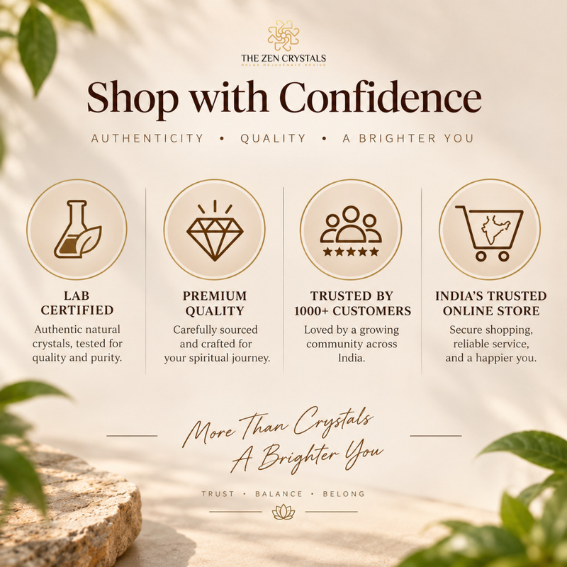 Promotional graphic for The Zen Crystals featuring four key trust badges: Lab Certified, Premium Quality, Trusted by 1000+ Customers, and India's Trusted Online Store. The design has a warm beige background with elegant typography and decorative botanical elements.