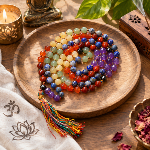 7 chakra mala with a tassel is arranged on a round wooden tray, surrounded by decorative props including a lit candle, green leaves, a carved wooden box, and a white fabric with a lotus print.