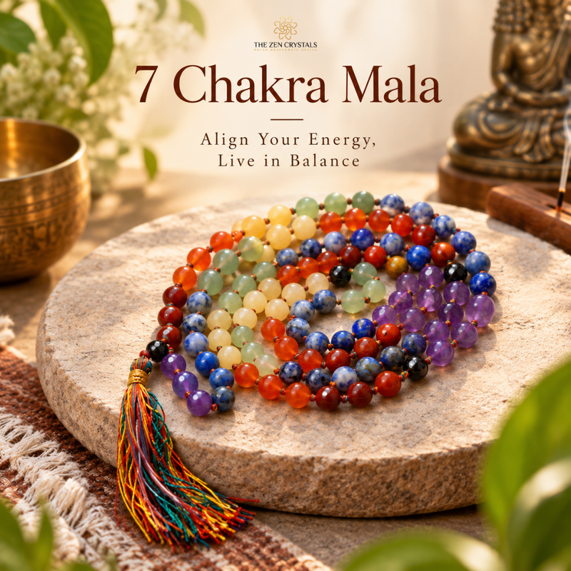 A multicolor beaded mala necklace with a tassel rests on a round stone slab, surrounded by decorative props including a brass bowl, green leaves, and a statue. The text '7 Chakra Mala' and 'Align Your Energy, Live in Balance' appears at the top, with 'The Zen Crystals' brand name visible above it.