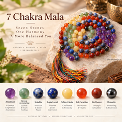 A 7 Chakra Mala crystal bead mala necklace with a tassel, displayed on a stone slab with a row of labeled crystal gemstone icons below. The text reads '7 Chakra Mala' and lists the seven stones and their chakra meanings.