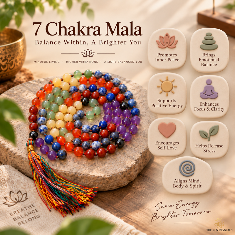 A 7 chakra mala bead bracelet with a tassel, displayed on a stone slab with promotional text and benefit tiles. The beads are arranged in rainbow order, and the background includes decorative props and a wooden surface.