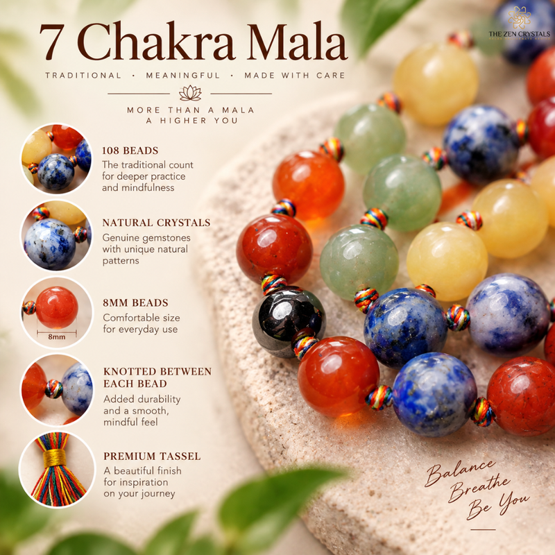 A 7 Chakra Mala beaded necklace is displayed on a stone surface next to a detailed product information graphic. The necklace features multiple colorful polished gemstone beads (red, blue, green, yellow, black) knotted with orange and gold thread.