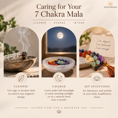 An educational graphic titled 'Caring for Your 7 Chakra Mala' by The Zen Crystals, featuring three circular panels illustrating chakra care practices: cleansing with a burning sage bundle, charging with a multicolor gemstone bowl under a full moon, and setting intentions with a beaded mala and a handwritten note.