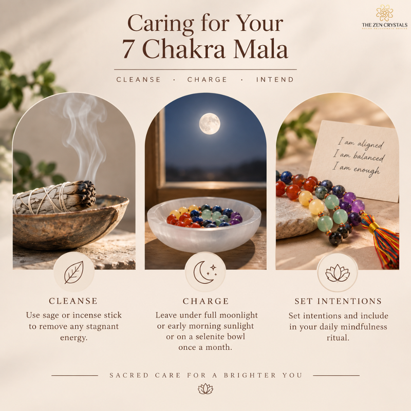 An educational graphic titled 'Caring for Your 7 Chakra Mala' by The Zen Crystals, featuring three circular panels illustrating chakra care practices: cleansing with a burning sage bundle, charging with a multicolor gemstone bowl under a full moon, and setting intentions with a beaded mala and a handwritten note.