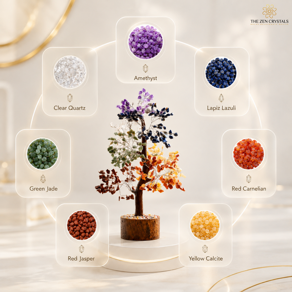 A 7 chakra crystal tree centerpiece displaying multiple colored gemstone crystals arranged in a decorative layout. The central tree has purple, blue, orange, and brown branches, surrounded by labeled crystal options including Amethyst, Clear Quartz, Lepiz Lazuli, Green Jade, Red Jasper, Yellow Calcite, and Red Carnelian.