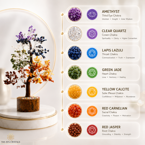 A 7 chakra crystal tree display on a white pedestal, shown next to a vertical informational chart listing the stones: Amethyst, Clear Quartz, Lapis Lazuli, Green Jade, Yellow Calcite, Red Carnelian, and Red Jasper with chakra symbols and names. The brand The Zen Crystals appears at the bottom left.