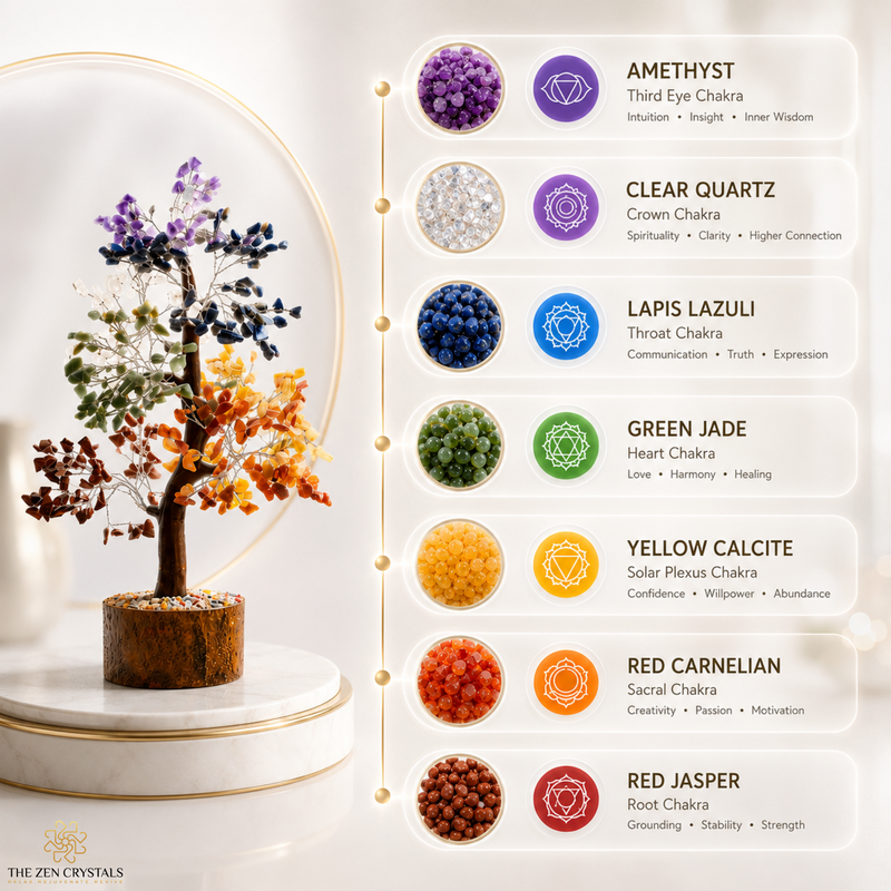 A 7 chakra crystal tree display on a white pedestal, shown next to a vertical informational chart listing the stones: Amethyst, Clear Quartz, Lapis Lazuli, Green Jade, Yellow Calcite, Red Carnelian, and Red Jasper with chakra symbols and names. The brand The Zen Crystals appears at the bottom left.