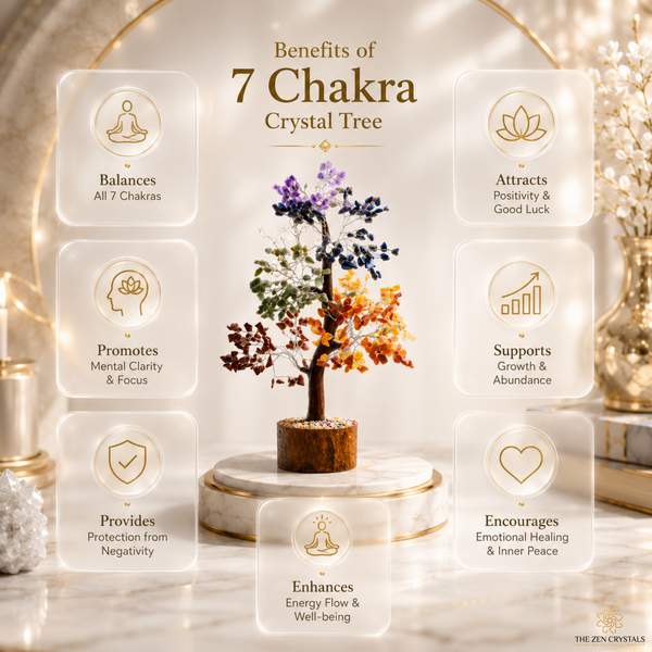 7 chakra crystal tree with multicolored chakra leaves on a wooden trunk, displayed on a pedestal in a softly lit spa-like setting. Surrounding text reads 'Benefits of 7 Chakra Crystal Tree' with icons and phrases such as balances all 7 chakras, attracts positivity and good luck, promotes mental clarity and focus, supports growth and abundance, provides protection from negativity, enhances energy flow and well-being, and encourages emotional healing and inner peace.