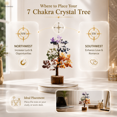 Promotional graphic for a 7 Chakra Crystal Tree, showing a small decorative tree with multicolored leaves in a wooden base on a pedestal. The design includes compass directions (NW, SW, N, S, E, W) with text such as 'Increase Luck & Opportunities' and 'Enhance Love & Romance,' plus lifestyle inset photos of the tree placed on a desk.