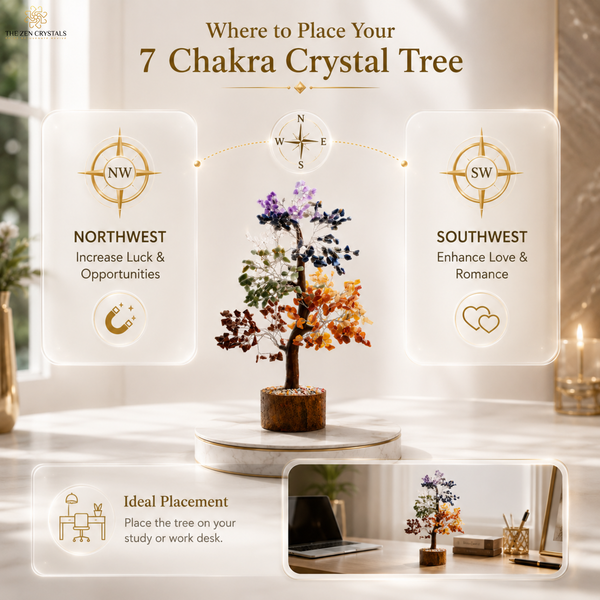 Promotional graphic for a 7 Chakra Crystal Tree, showing a small decorative tree with multicolored leaves in a wooden base on a pedestal. The design includes compass directions (NW, SW, N, S, E, W) with text such as 'Increase Luck & Opportunities' and 'Enhance Love & Romance,' plus lifestyle inset photos of the tree placed on a desk.
