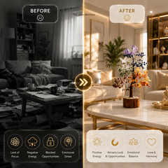 Before and after comparison graphic for a home decor or lighting product. The left side is dark and labeled 'BEFORE' with a sad face icon, showing a dim, cluttered living room.
