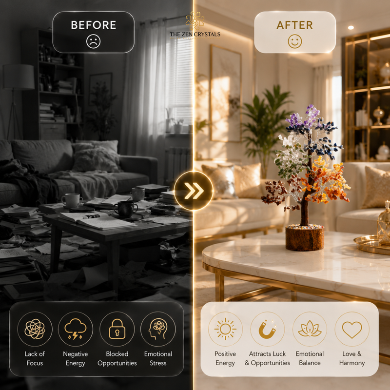 Before and after comparison graphic for a home decor or lighting product. The left side is dark and labeled 'BEFORE' with a sad face icon, showing a dim, cluttered living room.