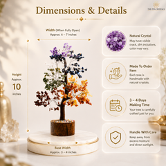 A product dimension and detail graphic for a 7 chakra crystal tree. The image shows a small potted crystal tree on a round base with text labels for height, width, and base width, plus five feature callouts about natural crystal, made-to-order craftsmanship, shipping time, and care instructions.