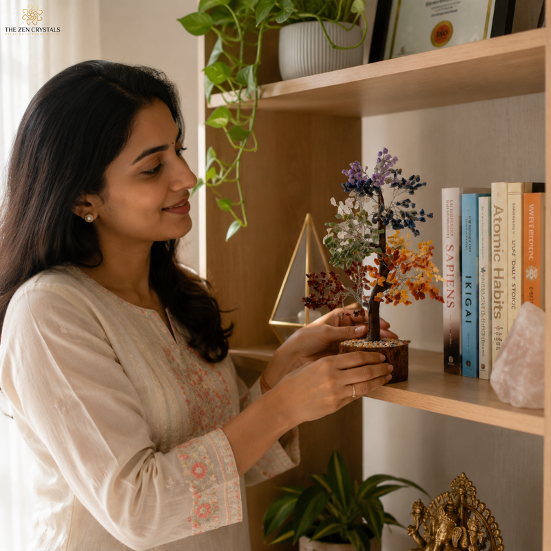 A woman in a cream embroidered kurta is shown holding 7 chakra crystal tree of life figurine on a wooden bookshelf next to books and plants.