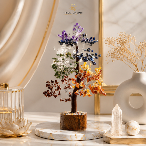 A multicolor 7 chakra crystal tree of life in a wooden base, displayed on a marble tray on a marble table with decorative dried flowers and crystals in a warm, elegant setting. The brand logo 'THE ZEN CRYSTALS' is visible at the top.