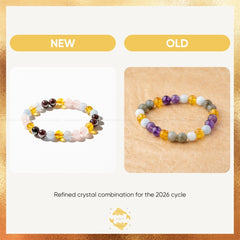 Two beaded bracelets labeled 'NEW' and 'OLD' on a beige background with text about a refined crystal combination for the 2026 cycle.