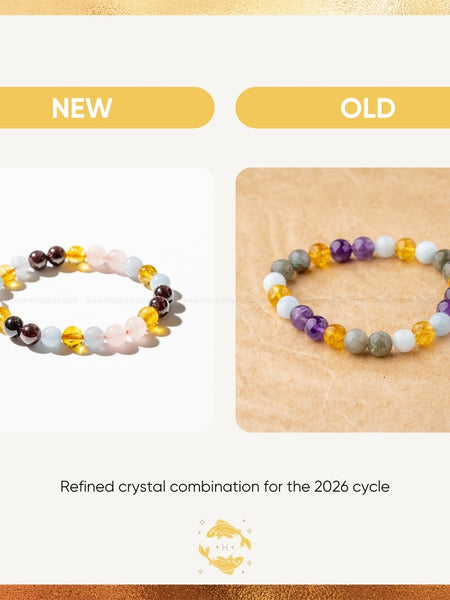 Two beaded bracelets labeled 'NEW' and 'OLD' on a beige background with text about a refined crystal combination for the 2026 cycle.
