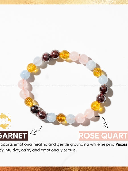 pisces zodiac bracelet with garnet and rose quartz stones on a white background
