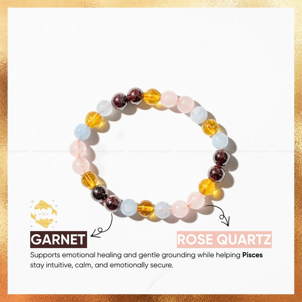 pisces zodiac bracelet with garnet and rose quartz stones on a white background