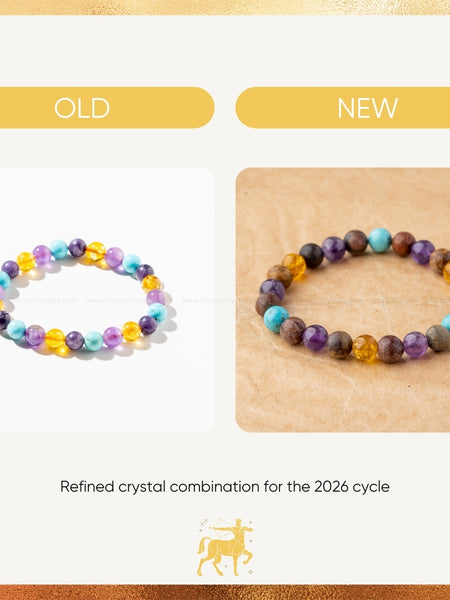 Two beaded bracelets labeled 'Old' and 'New' on a gold and beige background.