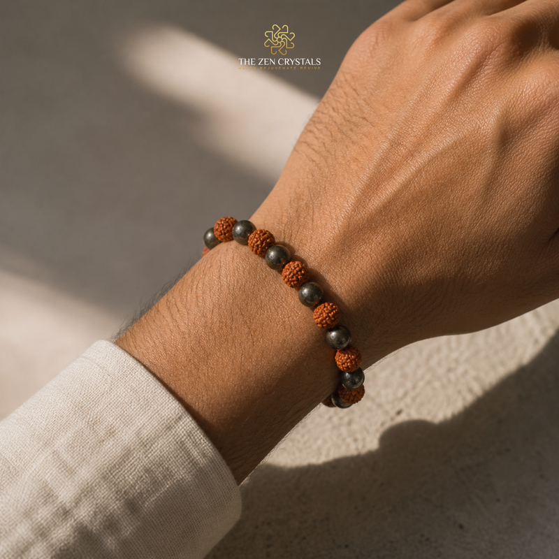 rudraksha and pyrite Bracelet  with black and orange beads on a wrist, branded 'The Zen Crystals'.