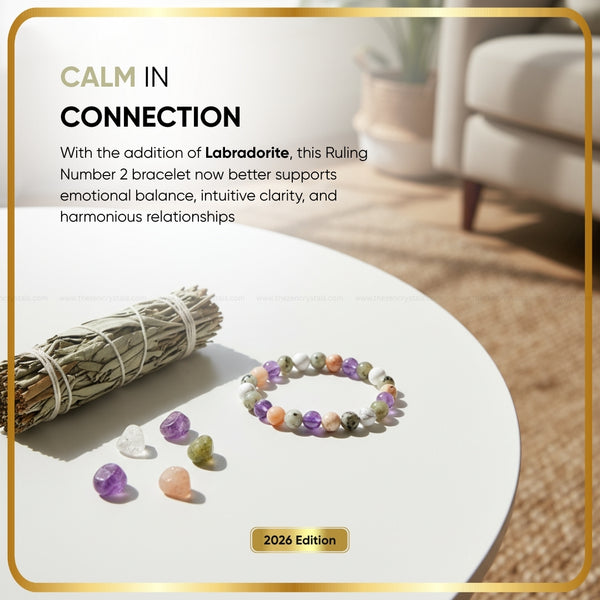 Ruling Number (मूलांक) 2 Bracelet 2026 with crystals on a white surface, with text about Labradorite and emotional balance.