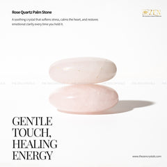 Rose Quartz palm stone with text about its properties on a white background
