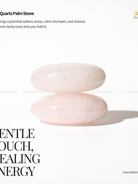 Rose Quartz palm stone with text about its properties on a white background