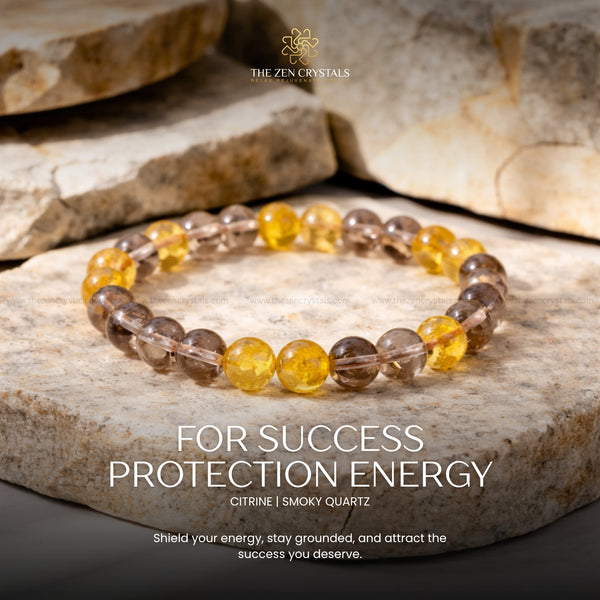 Success & Protection Energy Bracelet with citrine and smoky quartz on stones, featuring 'The Zen Crystals' brand.