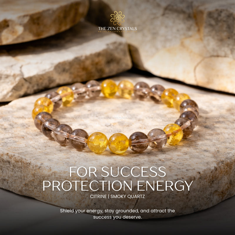 Success & Protection Energy Bracelet with citrine and smoky quartz on stones, featuring 'The Zen Crystals' brand.